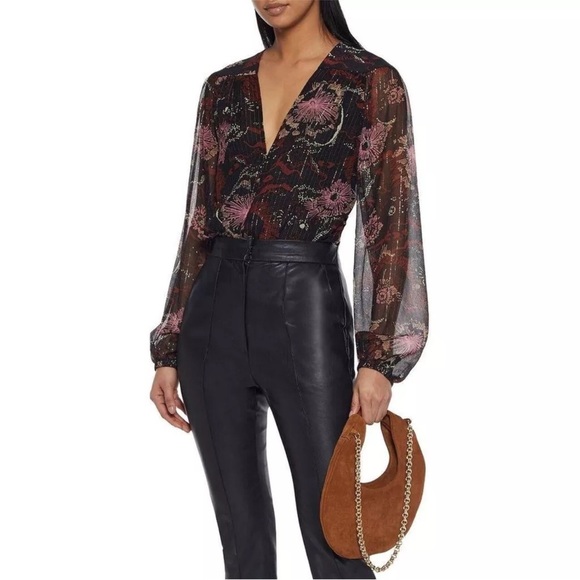 A.L.C. Silk Mac Tunic Top Brown Sheer Floral Print Balloon Sleeve Size 8 - Picture 8 of 15